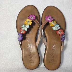 Italian Shoemakers Emina Floral Thong Wedge Leather Sandals Size 6.5 M EUC